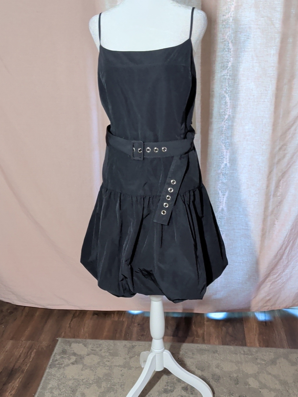 DKNY Black Spaghetti Strap Bubble Hem Dress with Grommet Belt